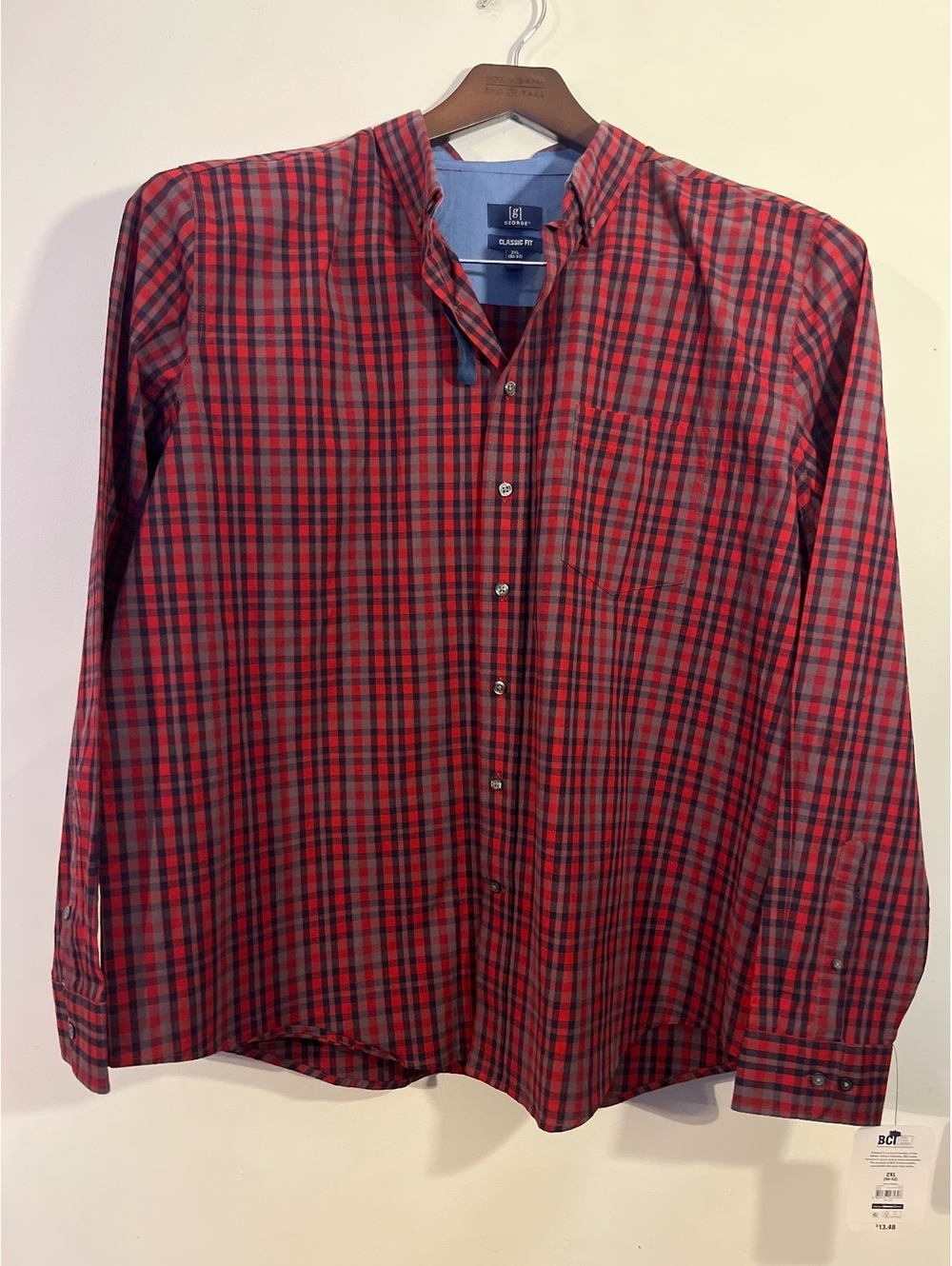 George Classic Fit Men's Dress Shirt 2XL Red and Black Plaid Wrinkle Resistant